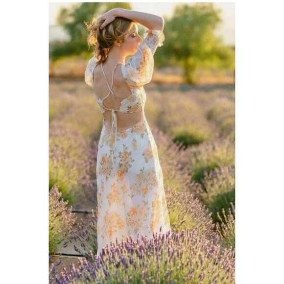 Luxxel Maxi Dress Yellow Floral Open Back Puff Sleeve NWT Womens Size S - Picture 2 of 9